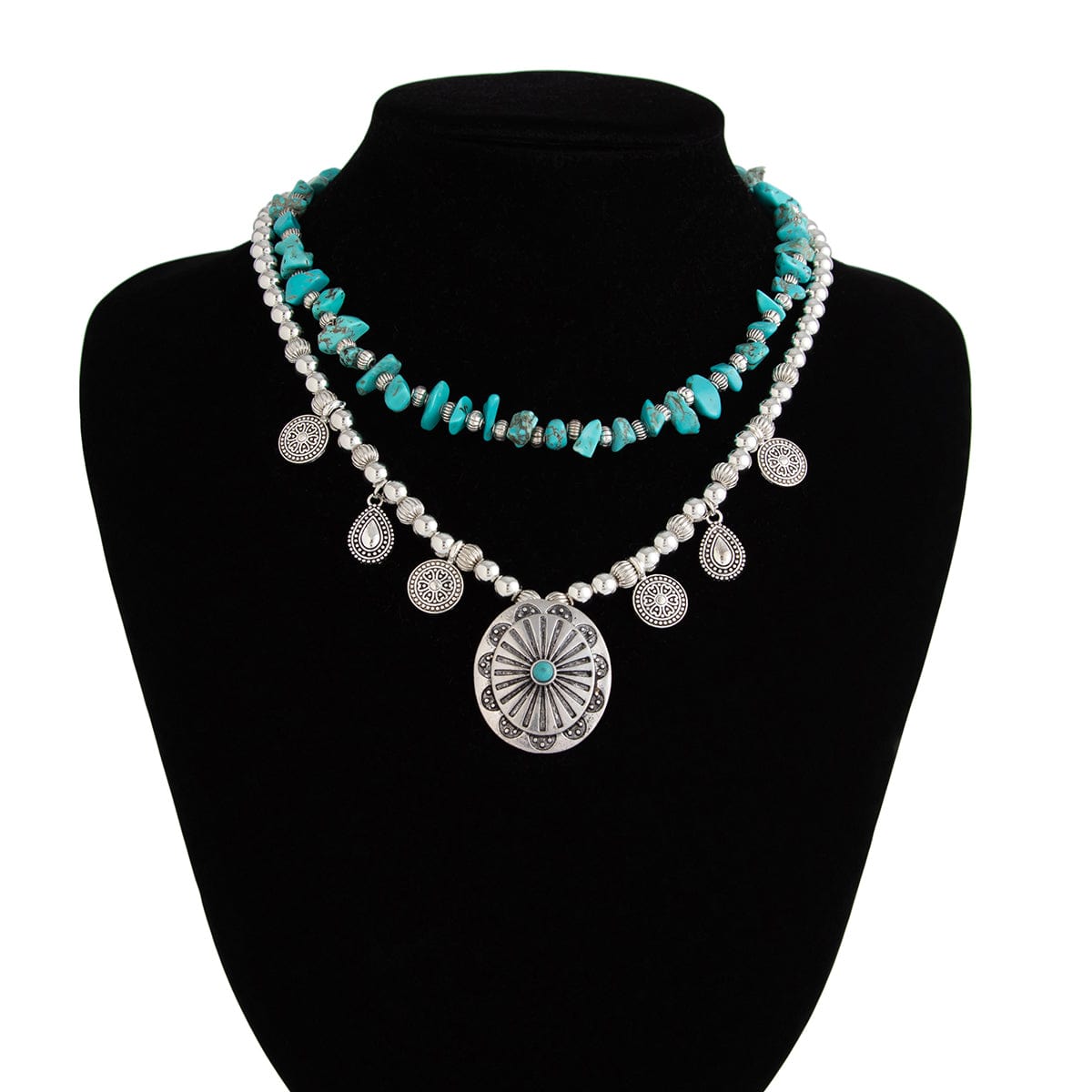 Ethnic Style 2pcs Pattern Round Disk Charm Turquoise Beaded Chain Necklace Set - ArtGalleryZen