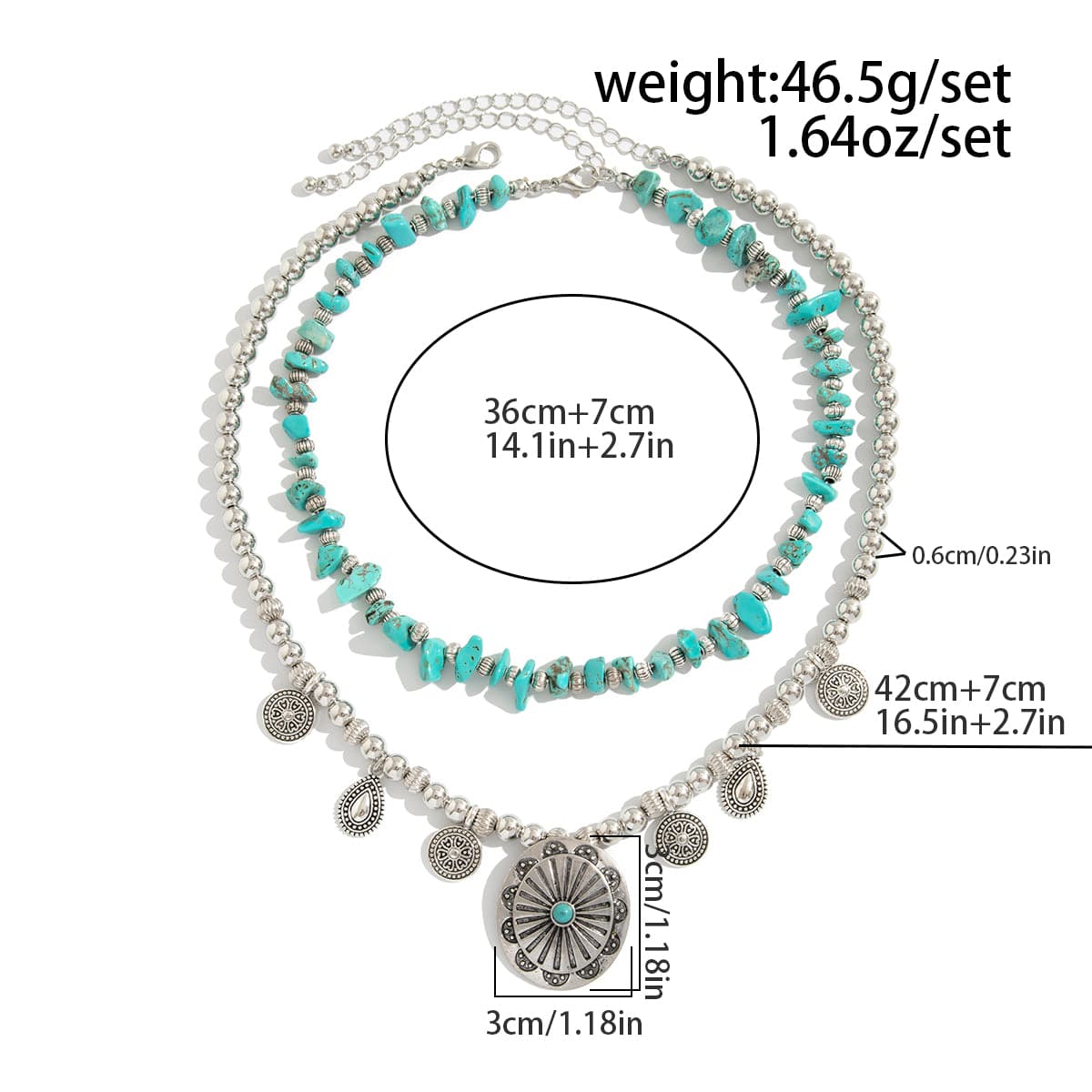 Ethnic Style 2pcs Pattern Round Disk Charm Turquoise Beaded Chain Necklace Set - ArtGalleryZen