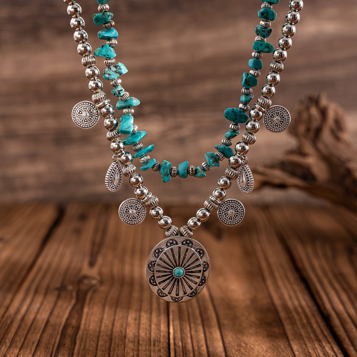 Ethnic Style 2pcs Pattern Round Disk Charm Turquoise Beaded Chain Necklace Set - ArtGalleryZen