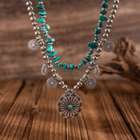 Thumbnail for Ethnic Style 2pcs Pattern Round Disk Charm Turquoise Beaded Chain Necklace Set - ArtGalleryZen