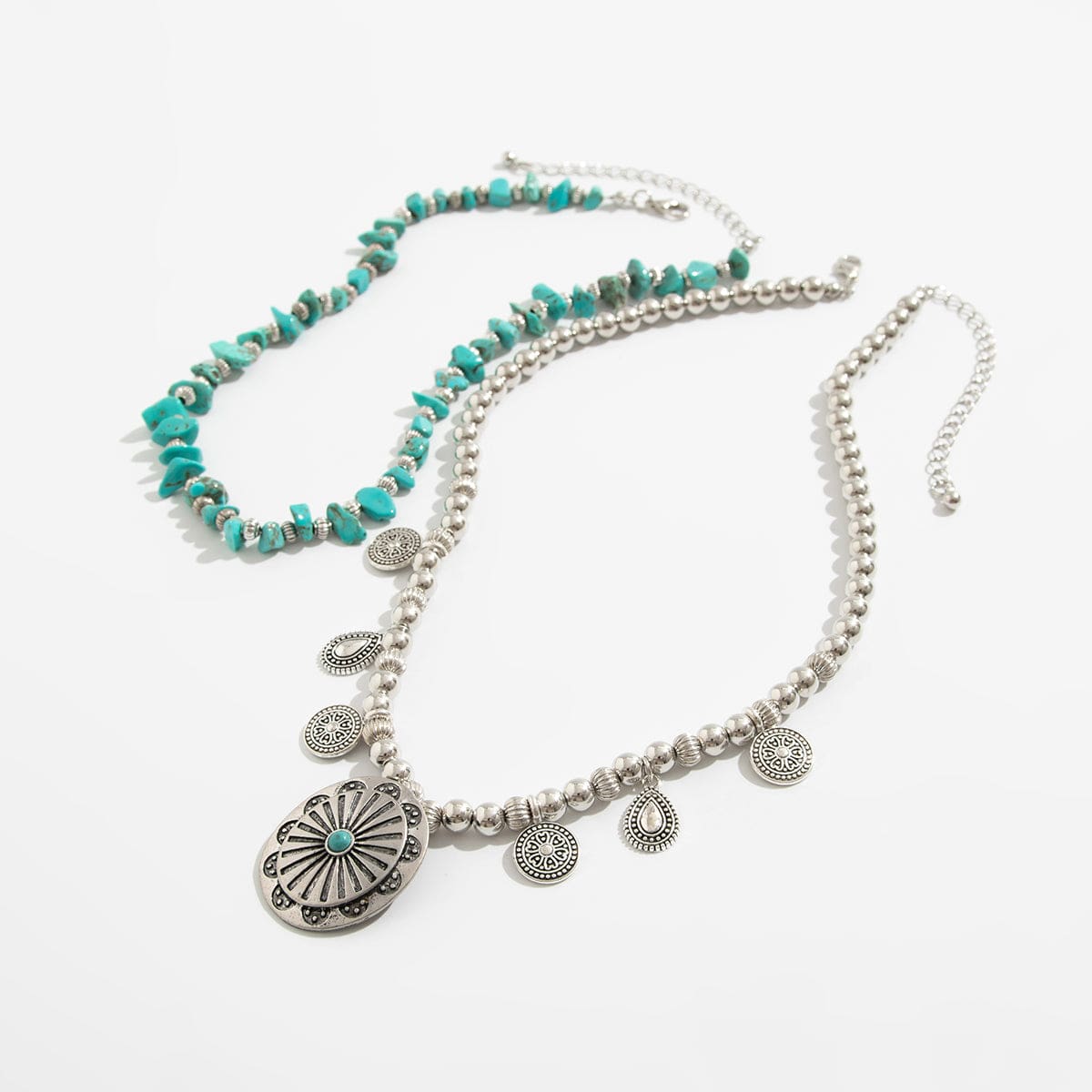 Ethnic Style 2pcs Pattern Round Disk Charm Turquoise Beaded Chain Necklace Set - ArtGalleryZen
