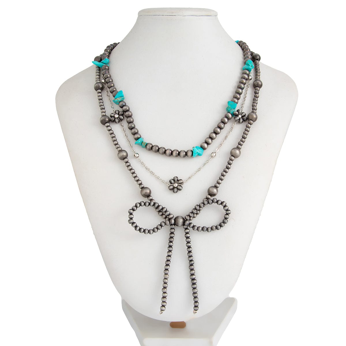 Ethnic Style 3pcs Bowknot Charm Turquoise Beaded Chain Necklace Set - ArtGalleryZen