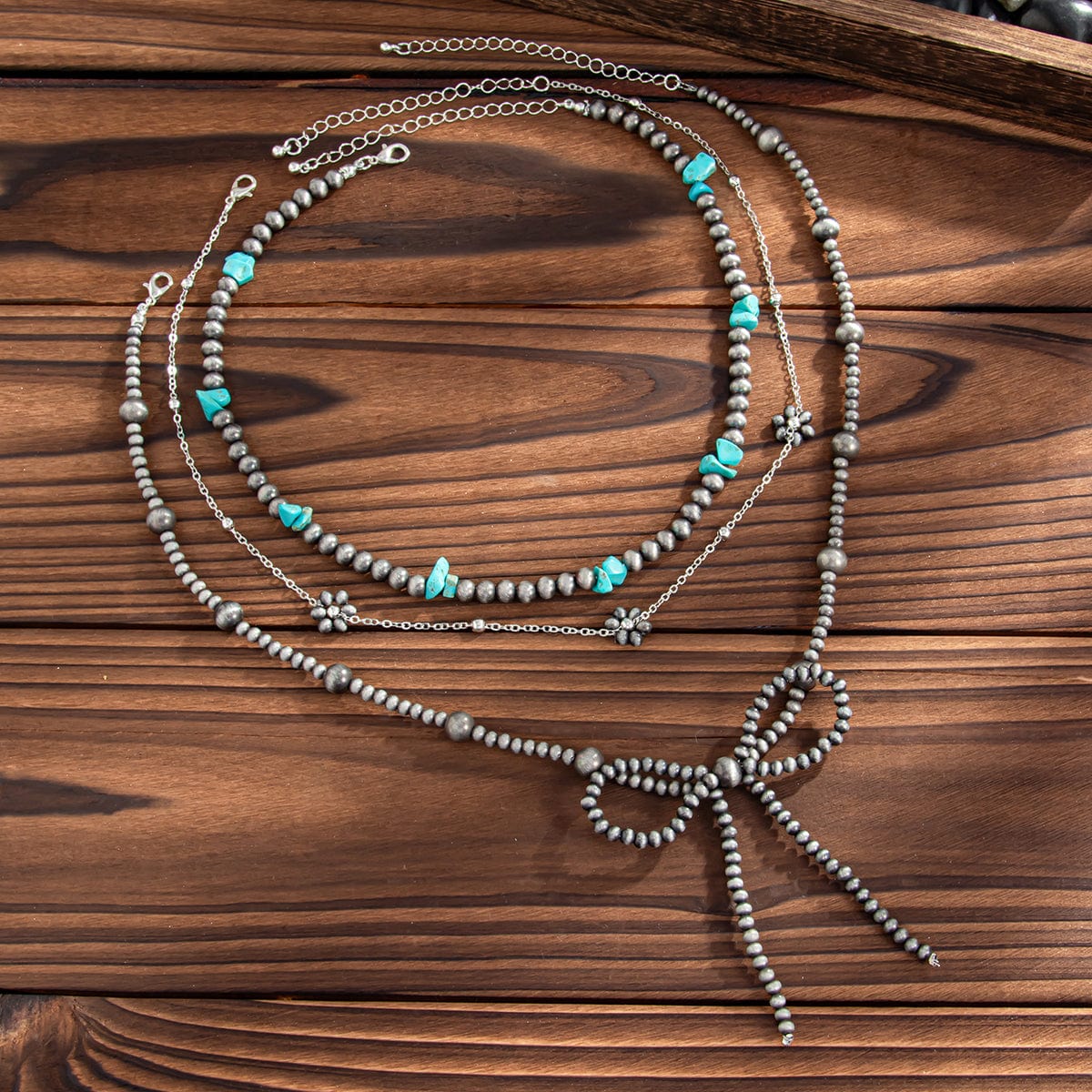 Ethnic Style 3pcs Bowknot Charm Turquoise Beaded Chain Necklace Set - ArtGalleryZen