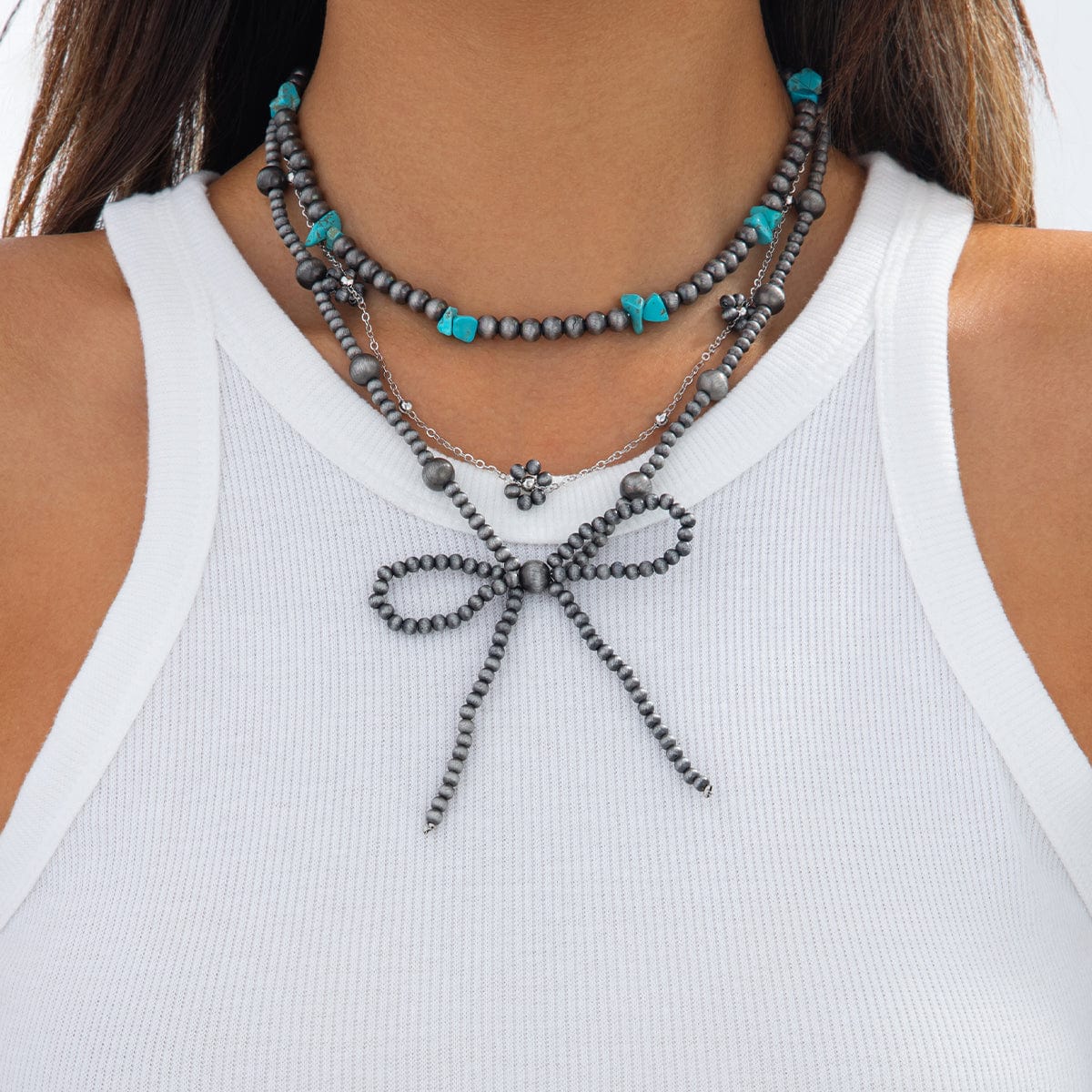 Ethnic Style 3pcs Bowknot Charm Turquoise Beaded Chain Necklace Set - ArtGalleryZen