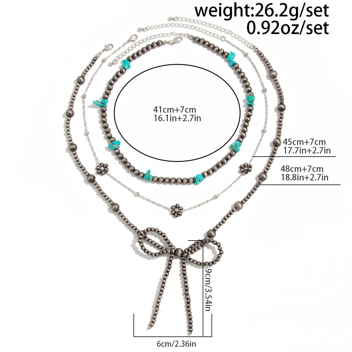 Ethnic Style 3pcs Bowknot Charm Turquoise Beaded Chain Necklace Set - ArtGalleryZen