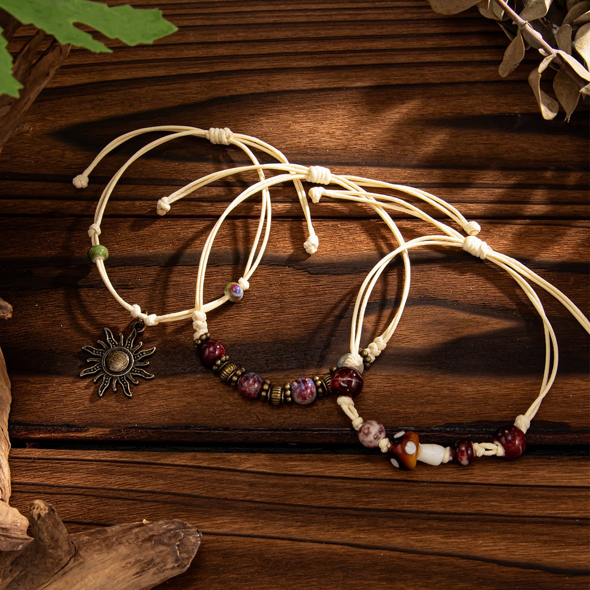 Ethnic Style 3pcs Sun Mushroom Charm Ceramic Beaded Bracelet Set - ArtGalleryZen