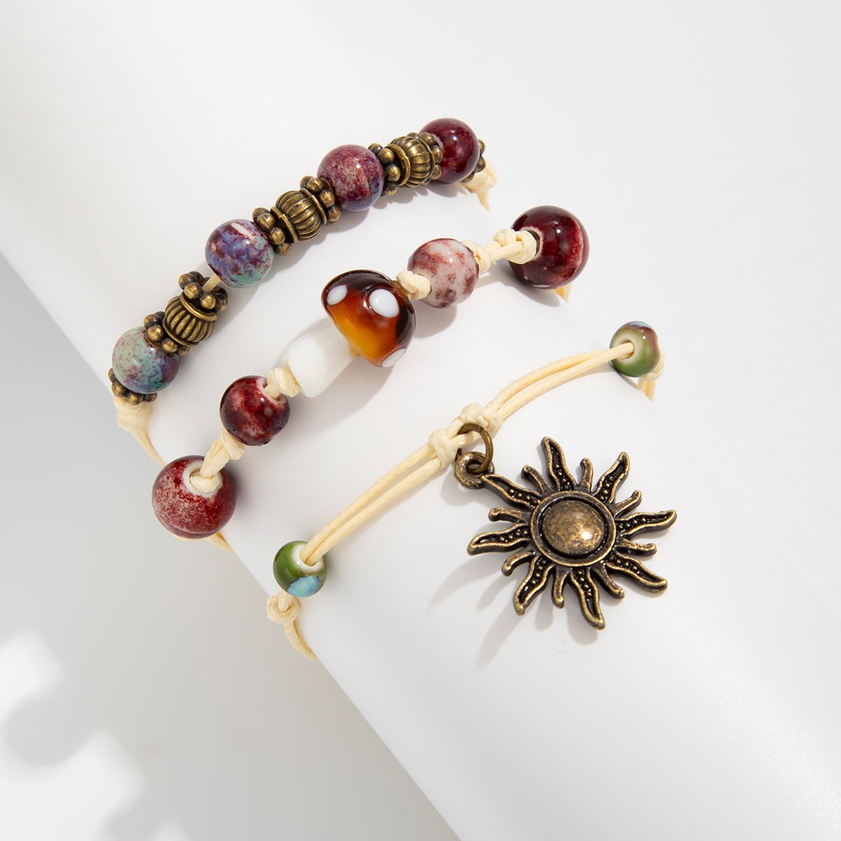 Ethnic Style 3pcs Sun Mushroom Charm Ceramic Beaded Bracelet Set - ArtGalleryZen