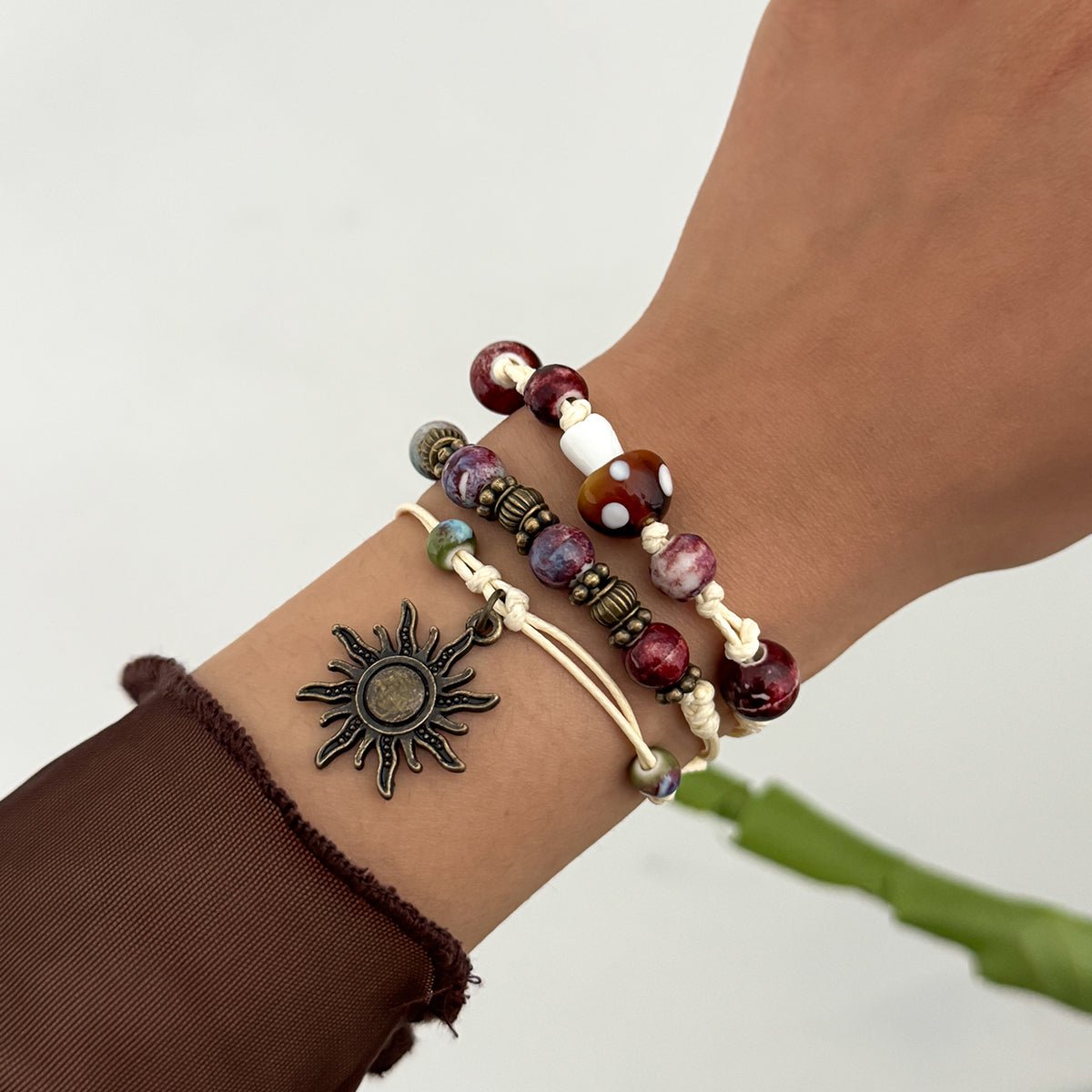 Ethnic Style 3pcs Sun Mushroom Charm Ceramic Beaded Bracelet Set - ArtGalleryZen