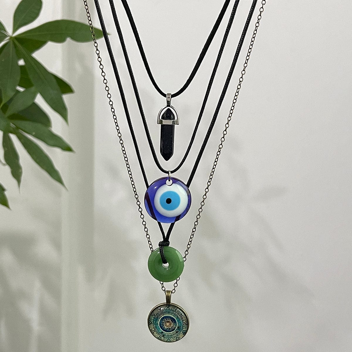 Ethnic Style 4pcs Evil Eye Healing Crystal Stone Pendant Velvet Necklace Set - ArtGalleryZen