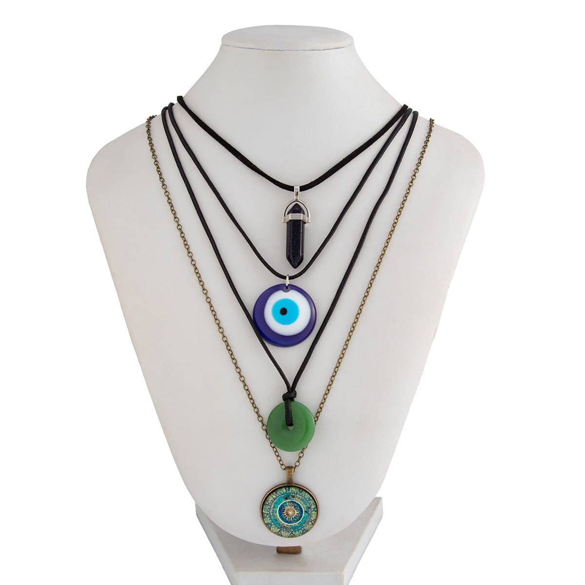 Ethnic Style 4pcs Evil Eye Healing Crystal Stone Pendant Velvet Necklace Set - ArtGalleryZen