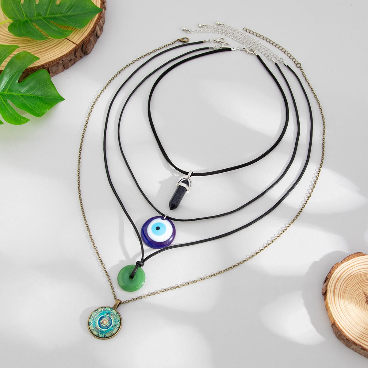 Ethnic Style 4pcs Evil Eye Healing Crystal Stone Pendant Velvet Necklace Set - ArtGalleryZen
