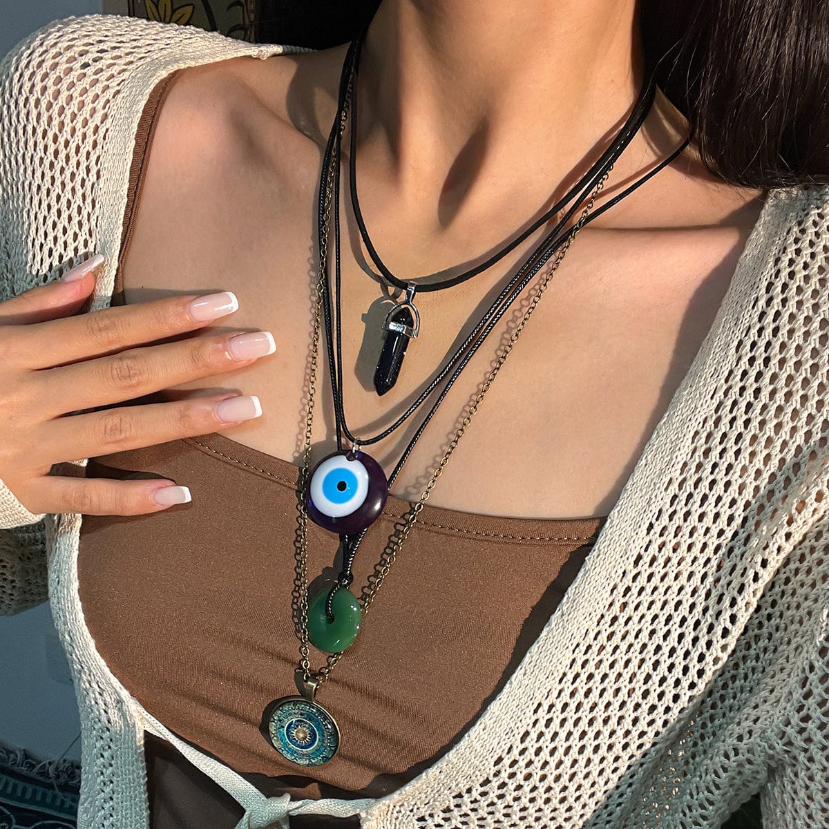 Ethnic Style 4pcs Evil Eye Healing Crystal Stone Pendant Velvet Necklace Set - ArtGalleryZen