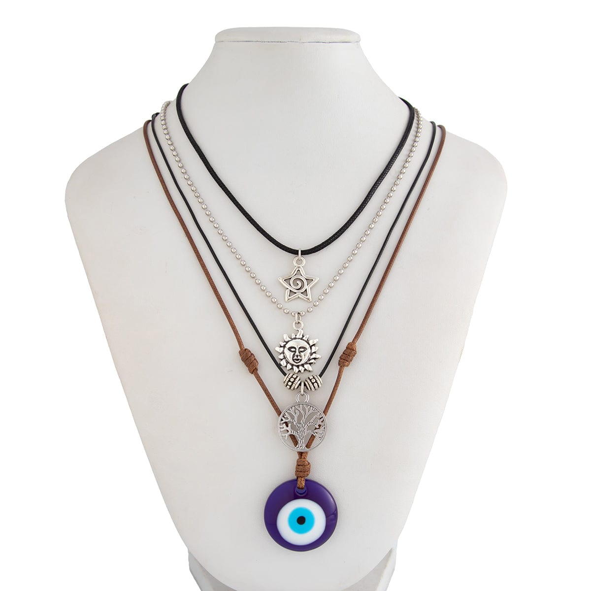 Ethnic Style 4pcs Evil Eye Sun Star Family Tree Pendant Wax Cord Necklace Set - ArtGalleryZen
