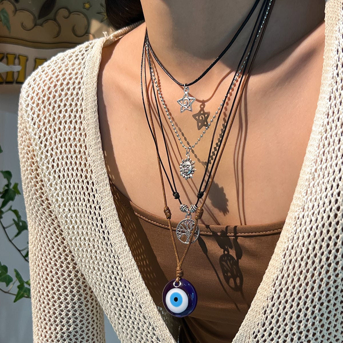 Ethnic Style 4pcs Evil Eye Sun Star Family Tree Pendant Wax Cord Necklace Set - ArtGalleryZen