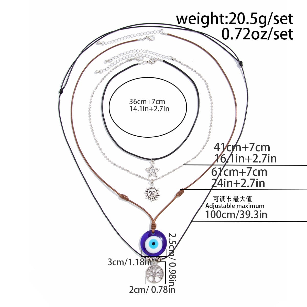 Ethnic Style 4pcs Evil Eye Sun Star Family Tree Pendant Wax Cord Necklace Set - ArtGalleryZen