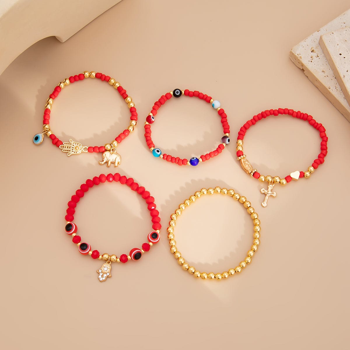Ethnic style 5pcs Evil Eye Hamsa Charm Crystal Beaded Bracelet Set - ArtGalleryZen
