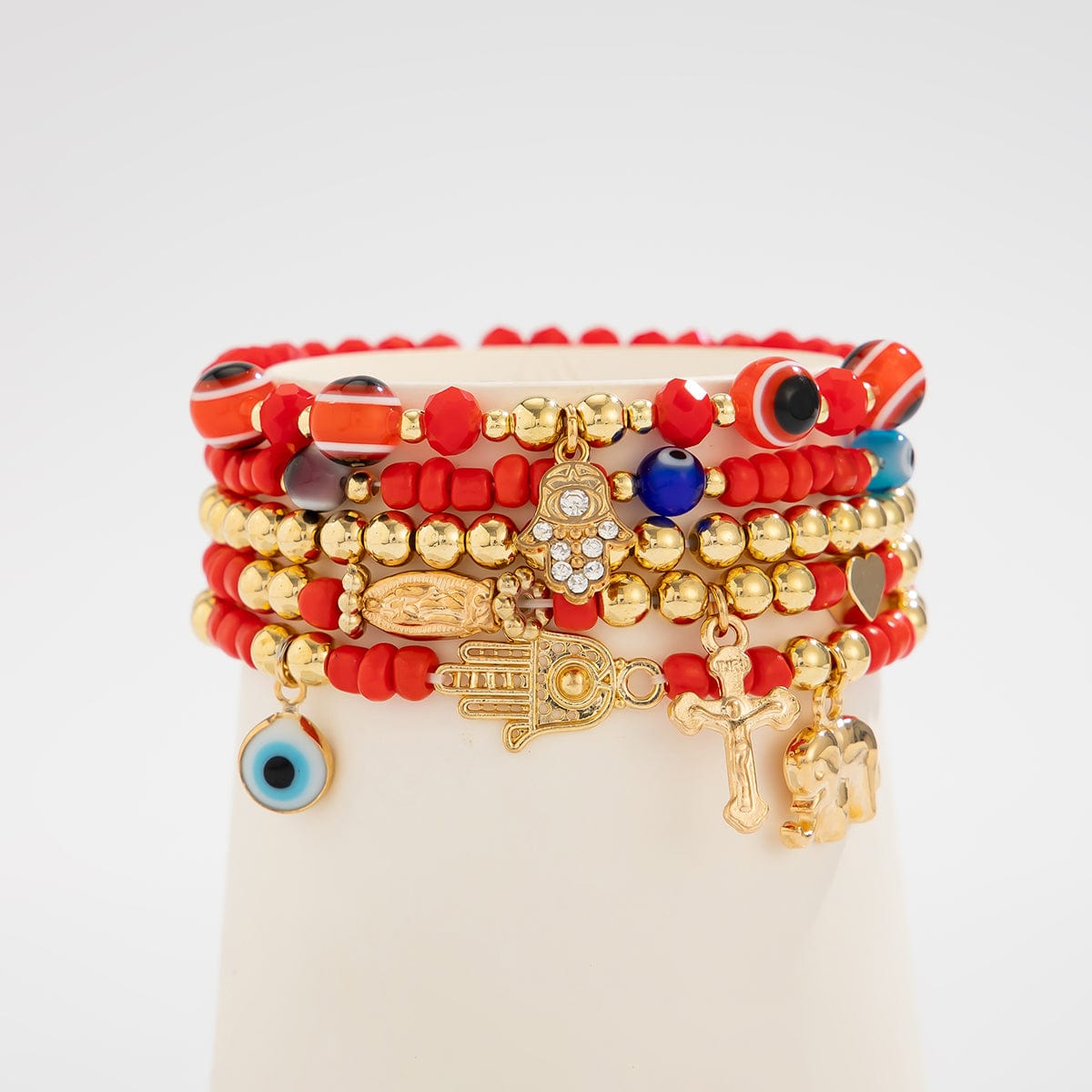 Ethnic style 5pcs Evil Eye Hamsa Charm Crystal Beaded Bracelet Set - ArtGalleryZen