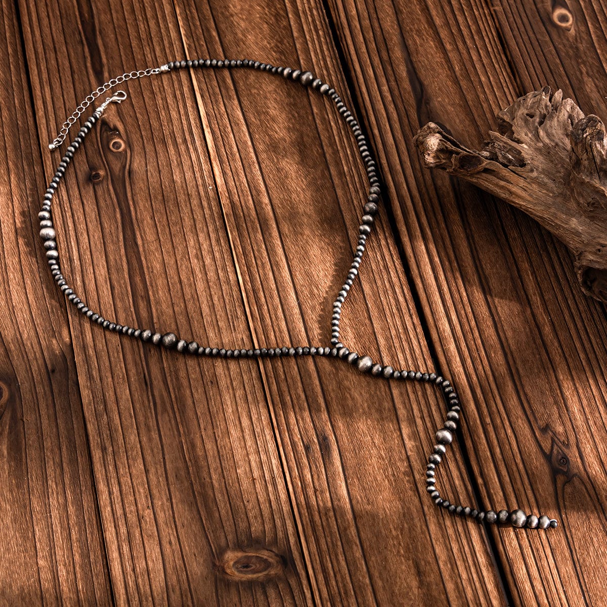 Ethnic Style Antique Silver Beaded Long Chain Y Necklace - ArtGalleryZen