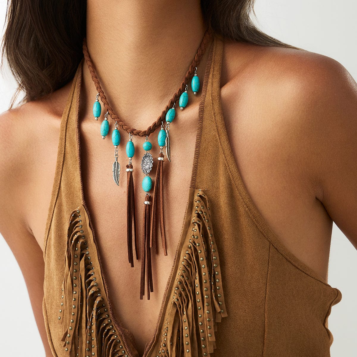 Ethnic Style Feather Turquoise Pendant Braided Velvet Necklace - ArtGalleryZen