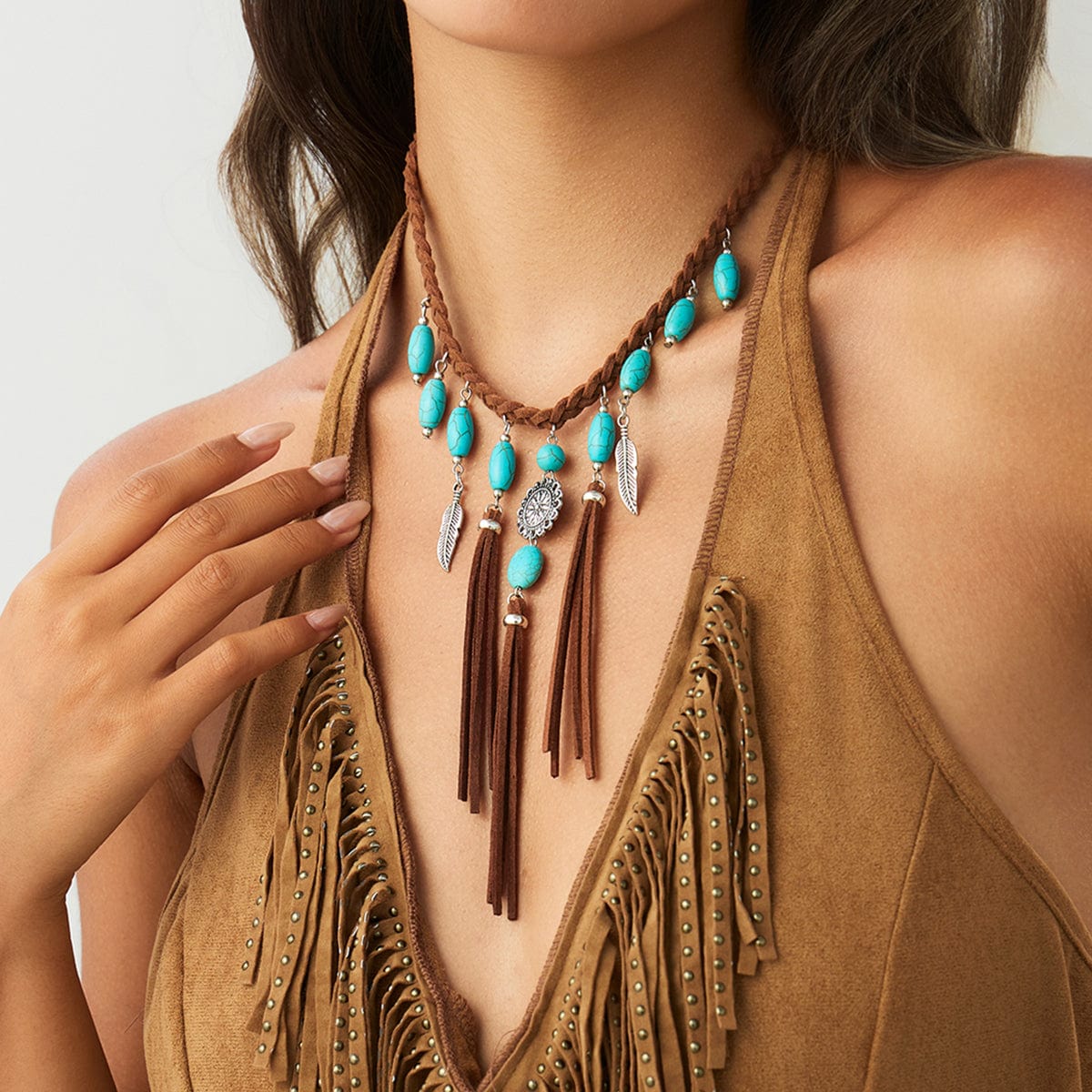 Ethnic Style Feather Turquoise Pendant Braided Velvet Necklace - ArtGalleryZen