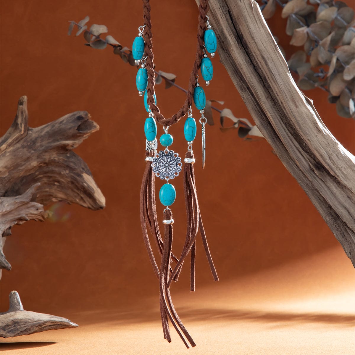 Ethnic Style Feather Turquoise Pendant Braided Velvet Necklace - ArtGalleryZen