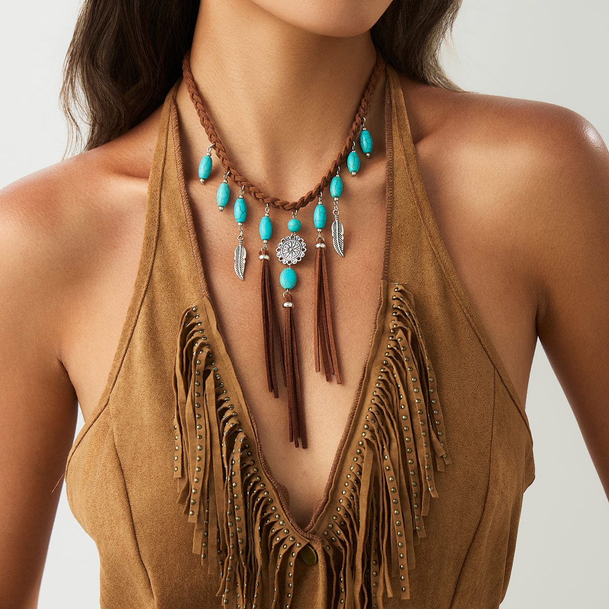 Ethnic Style Feather Turquoise Pendant Braided Velvet Necklace - ArtGalleryZen