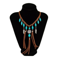 Thumbnail for Ethnic Style Feather Turquoise Pendant Braided Velvet Necklace - ArtGalleryZen