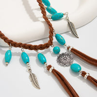 Thumbnail for Ethnic Style Feather Turquoise Pendant Braided Velvet Necklace - ArtGalleryZen
