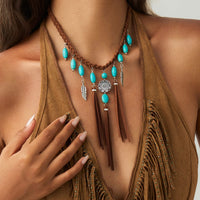 Thumbnail for Ethnic Style Feather Turquoise Pendant Braided Velvet Necklace - ArtGalleryZen