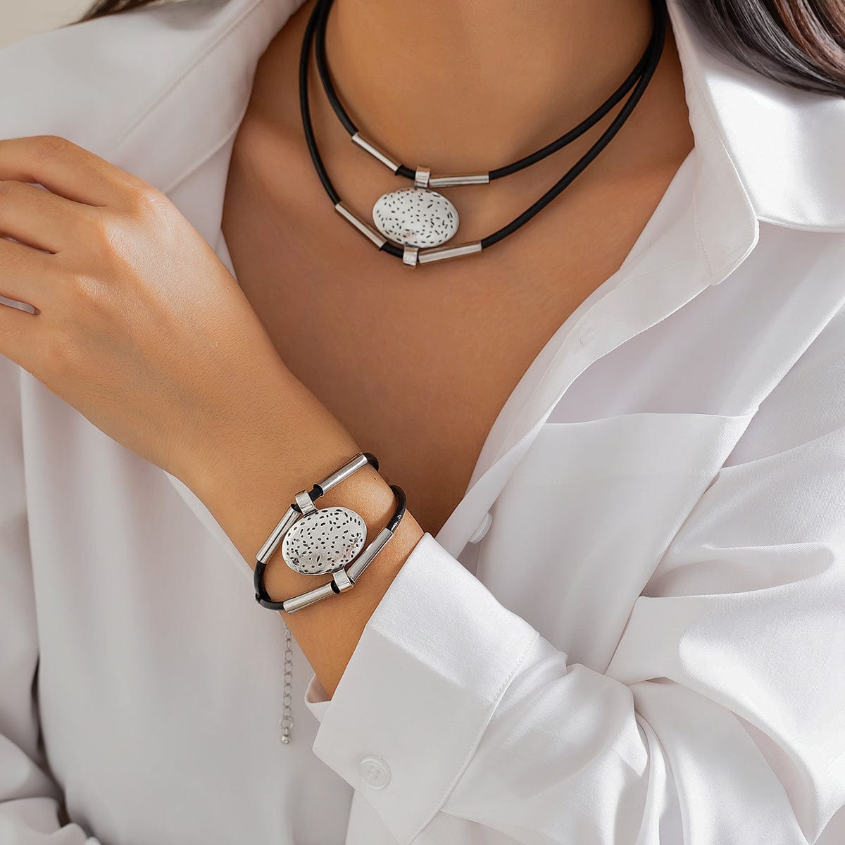 Ethnic style Layered Carved Oval Charm PU String Necklace Bracelet Set - ArtGalleryZen