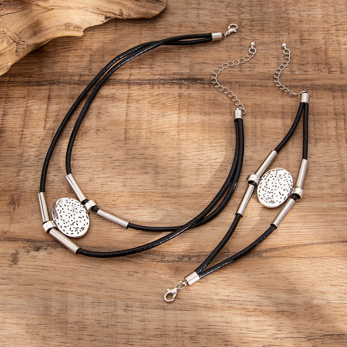 Ethnic style Layered Carved Oval Charm PU String Necklace Bracelet Set - ArtGalleryZen