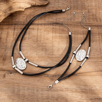 Thumbnail for Ethnic style Layered Carved Oval Charm PU String Necklace Bracelet Set