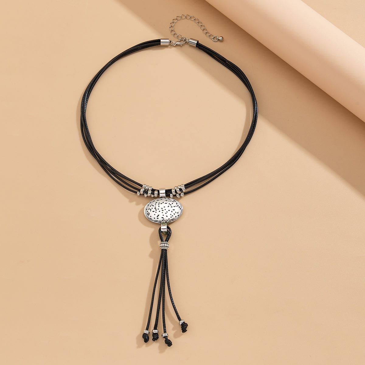 Ethnic style Layered Carved Oval Charm PU string Tassel Necklace - ArtGalleryZen