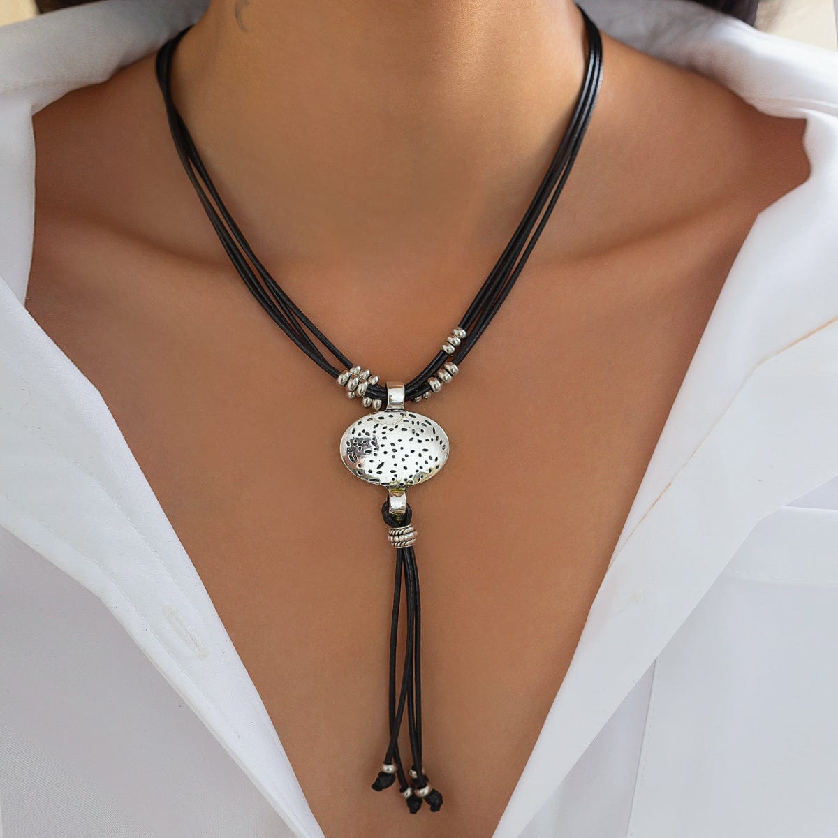 Ethnic style Layered Carved Oval Charm PU string Tassel Necklace - ArtGalleryZen