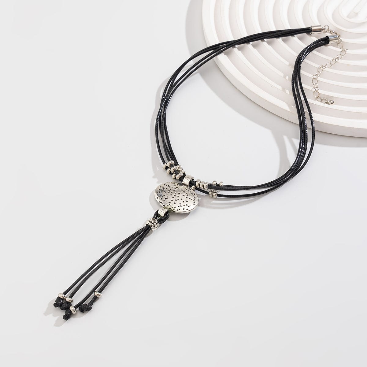 Ethnic style Layered Carved Oval Charm PU string Tassel Necklace - ArtGalleryZen