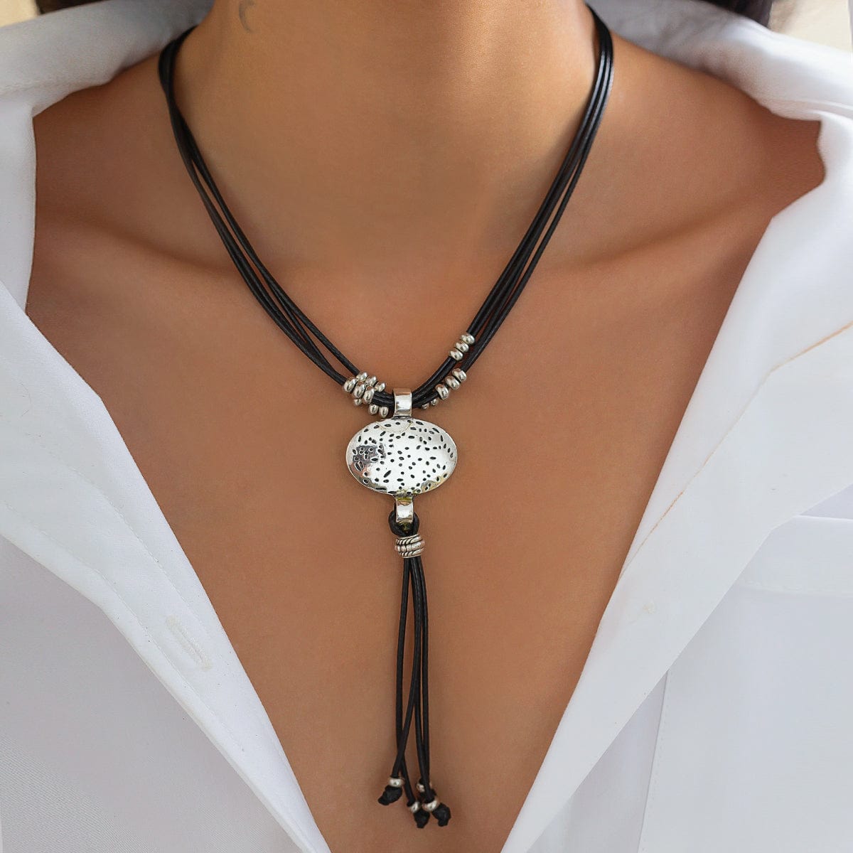 Ethnic style Layered Carved Oval Charm PU string Tassel Necklace