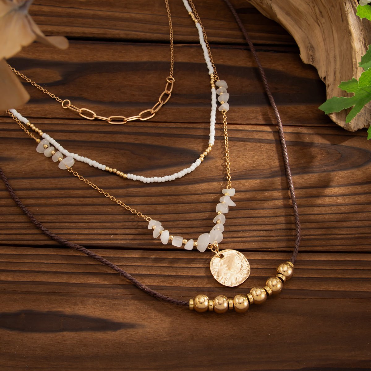 Ethnic Style Layered Pleated Round Disk Pendant Turquoise Seed Beaded Necklace Set - ArtGalleryZen