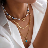 Thumbnail for Ethnic Style Layered Turquoise Sun Pendant Evil Eye Pearl Chain Necklace Set