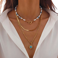 Thumbnail for Ethnic Style Layered Turquoise Sun Pendant Evil Eye Pearl Chain Necklace Set