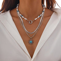 Thumbnail for Ethnic Style Layered Turquoise Sun Pendant Evil Eye Pearl Chain Necklace Set