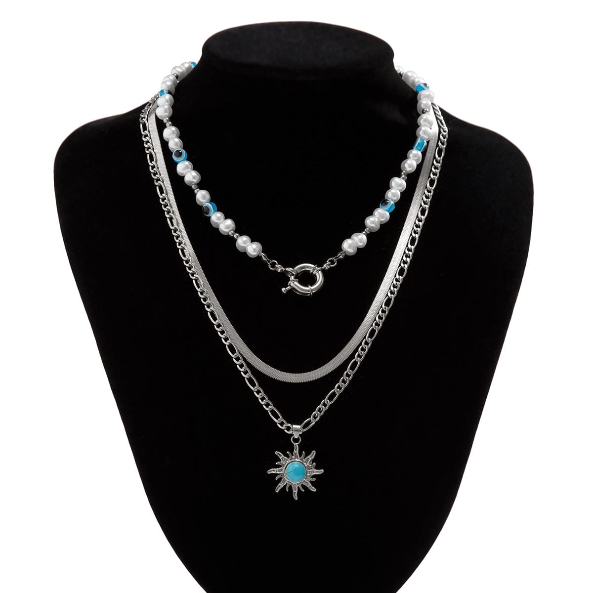 Ethnic Style Layered Turquoise Sun Pendant Evil Eye Pearl Chain Necklace Set