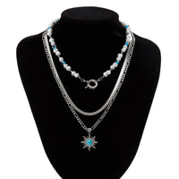 Thumbnail for Ethnic Style Layered Turquoise Sun Pendant Evil Eye Pearl Chain Necklace Set