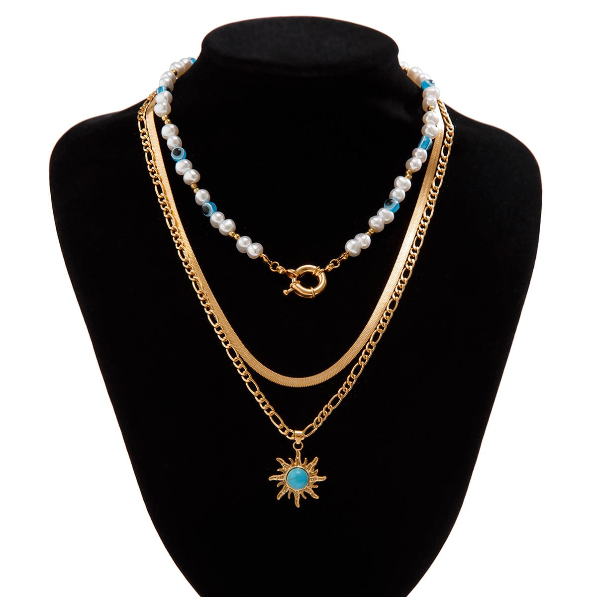 Ethnic Style Layered Turquoise Sun Pendant Evil Eye Pearl Chain Necklace Set