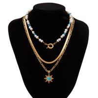 Thumbnail for Ethnic Style Layered Turquoise Sun Pendant Evil Eye Pearl Chain Necklace Set