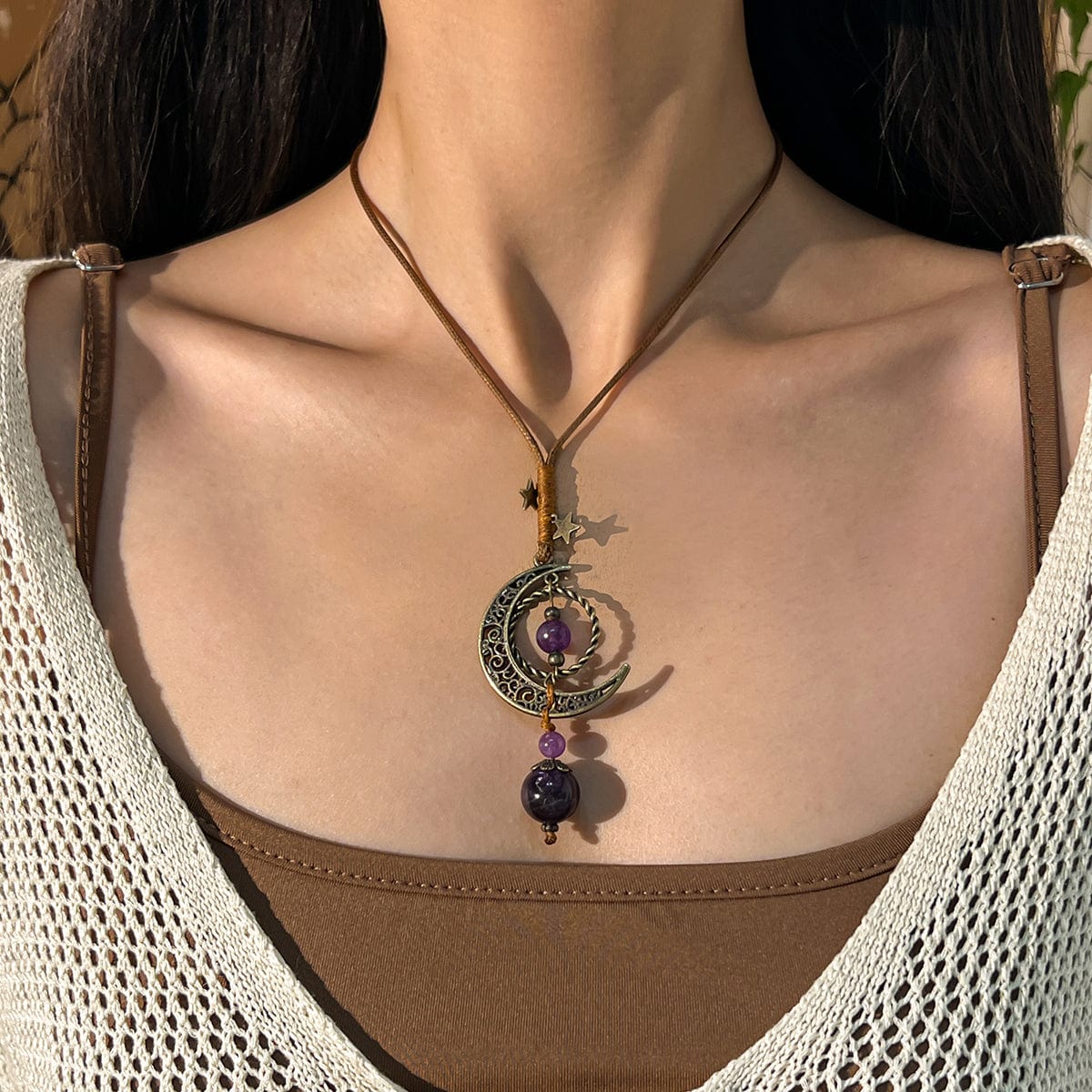 Ethnic Style Moon Chalcedony Pendant Wax Cord Necklace - ArtGalleryZen