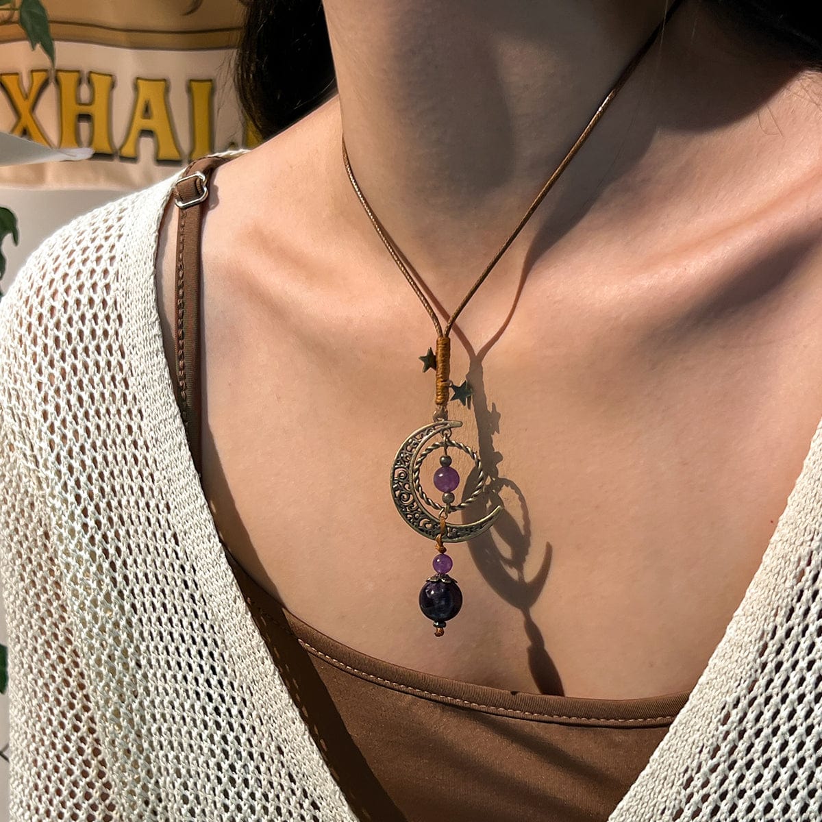 Ethnic Style Moon Chalcedony Pendant Wax Cord Necklace - ArtGalleryZen