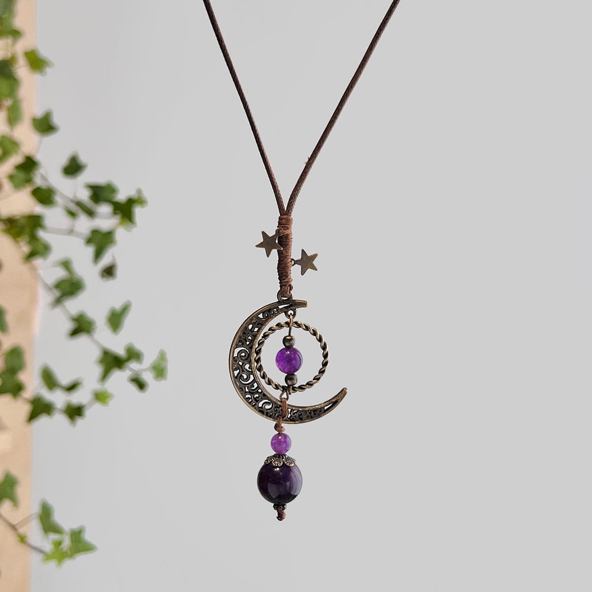 Ethnic Style Moon Chalcedony Pendant Wax Cord Necklace