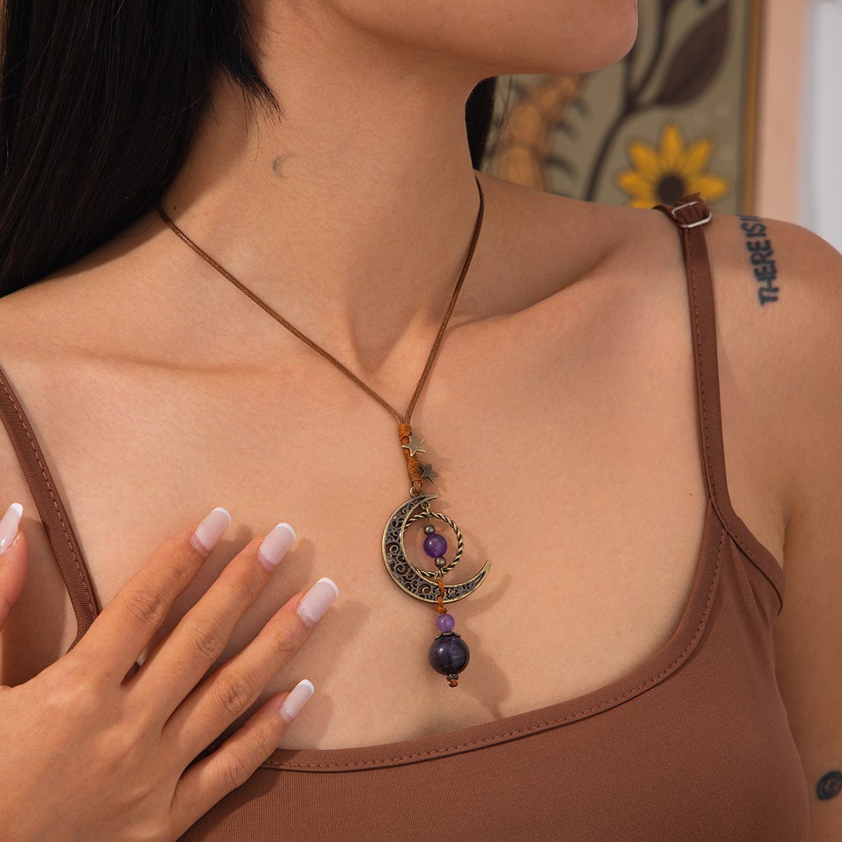 Ethnic Style Moon Chalcedony Pendant Wax Cord Necklace