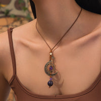 Thumbnail for Ethnic Style Moon Chalcedony Pendant Wax Cord Necklace