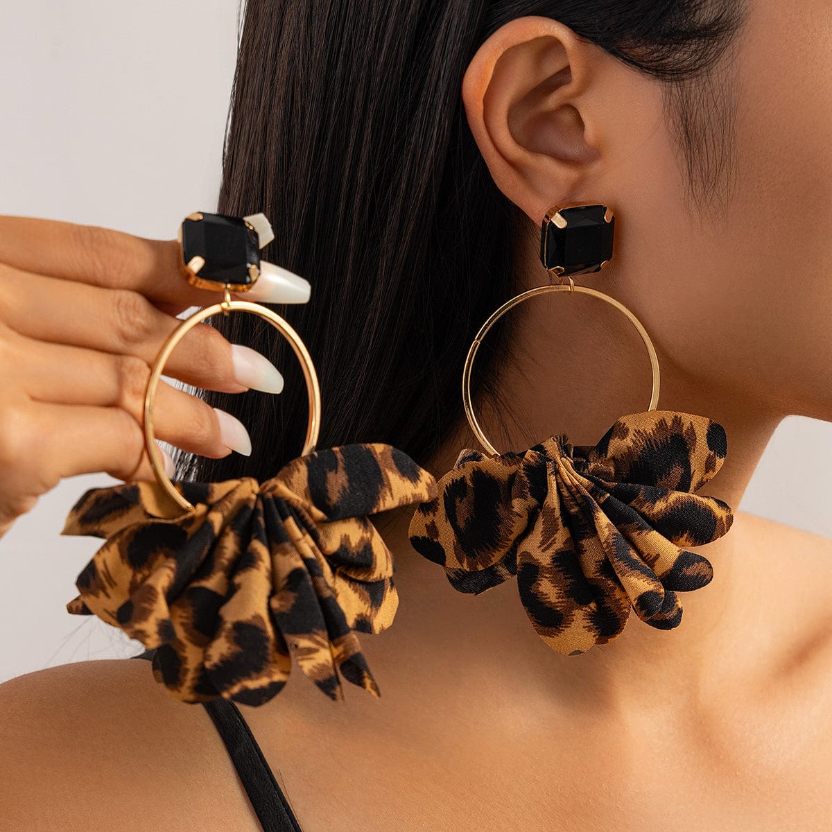 Exaggerated Leopard Fabric Hoop Dangle Earrings